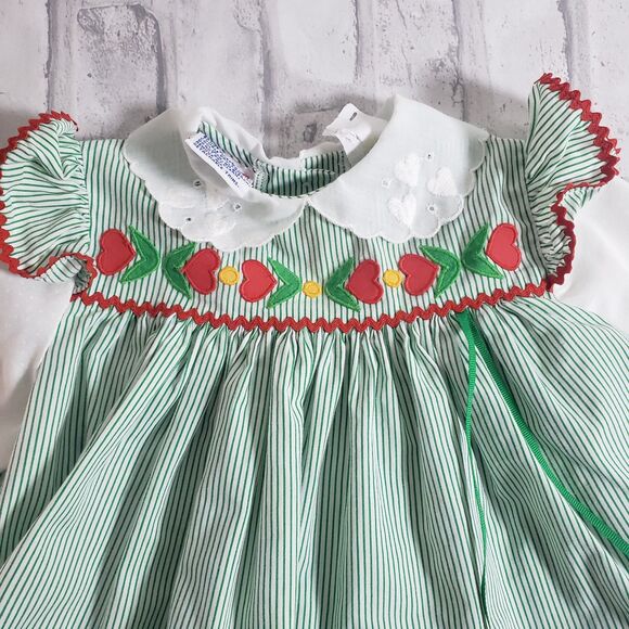 Vintage 80's Baby Girls Green Stripe Dress With Hearts - Picture 4 of 6